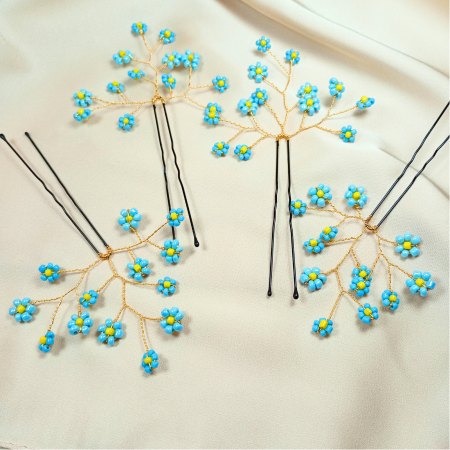 Accesorii par - Set 4 ace de par cu floricele albastre