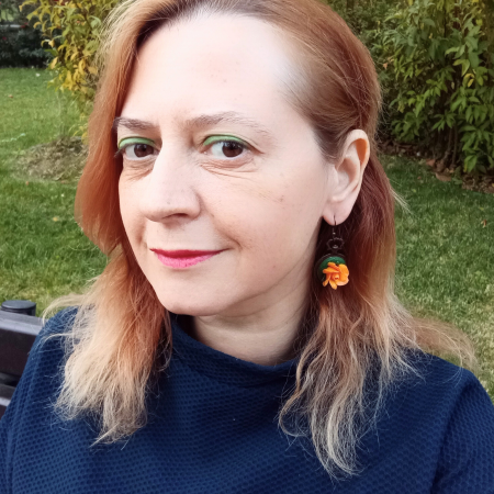 Cercei vintage cu trandafiri portocalii din argilă polimerică pe bază bronz antichizat [6]