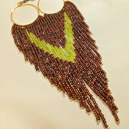 Cercei statement lungi din margele de sticla maro si tubulare verzi [5]