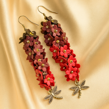 Cercei cu tortiță - Cercei ciorchine de flori, rosu /negru