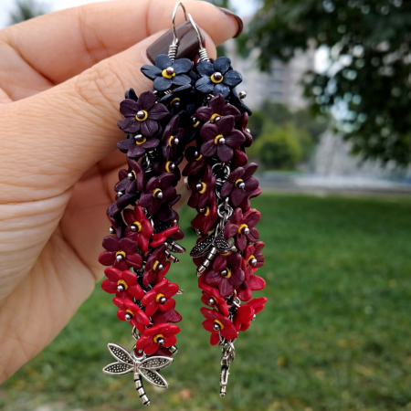 Cercei cu flori - Flori de Catifea (cercei florali roșu-negru)