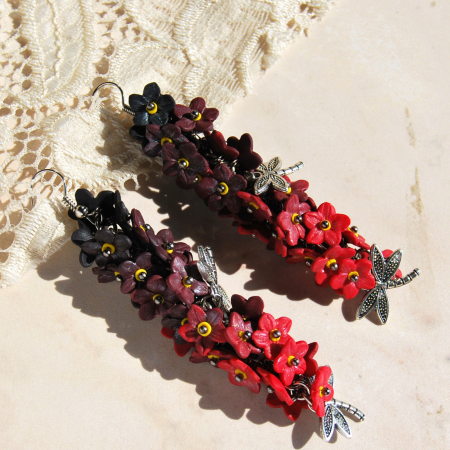 Cercei ciorchine de flori, rosu /negru [9]