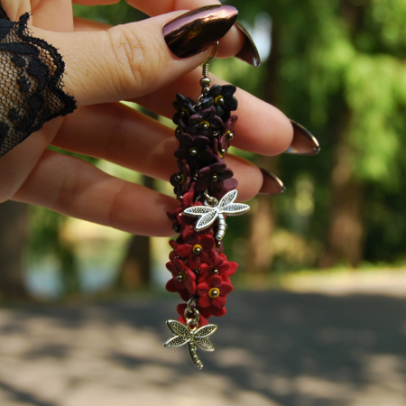 Cercei ciorchine de flori, rosu /negru [1]