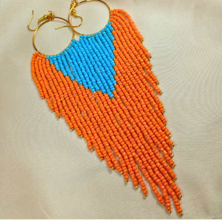 Cercei lungi cu franjuri portocaliu si bleu din margele de sticla [8]