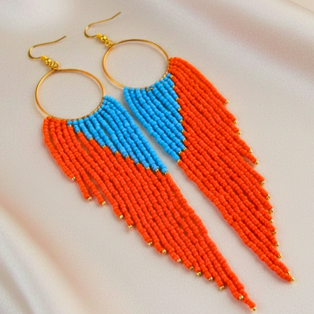 Cercei lungi margele - Cercei lungi cu franjuri portocaliu si bleu din margele de sticla