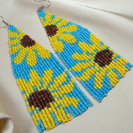 Cercei lungi margele - Cercei lungi din mărgele cu floarea-soarelui