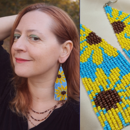 Colecția Florală - Cercei lungi din mărgele cu floarea-soarelui