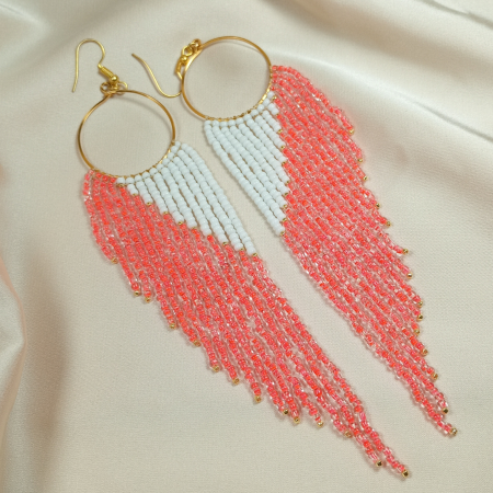 Cercei lungi din mărgele portocaliu neon și alb [4]