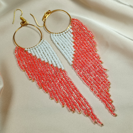 Cercei lungi margele - Cercei lungi din mărgele portocaliu neon și alb