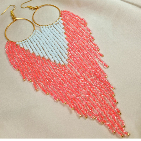Cercei lungi din mărgele portocaliu neon și alb [3]