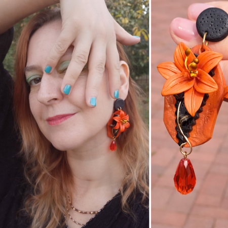 Colecția Florală - Cercei lungi tip șurub cu flori de crin portocaliu