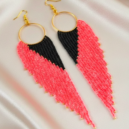 Cercei lungi margele - Cercei statement lungi portocaliu neon cu negru din margele de sticla