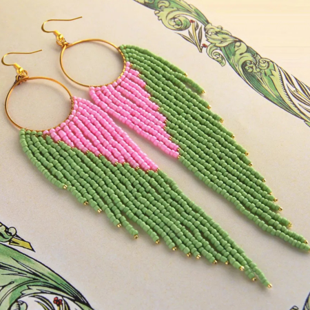 Cercei statement lungi verde pastel cu roz [4]