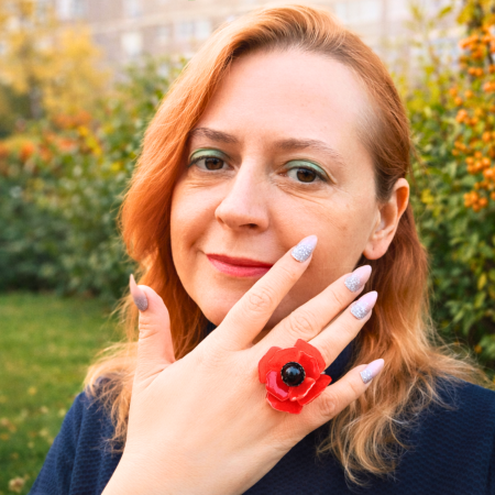 Colecția Florală - Inel floare de mac rosu