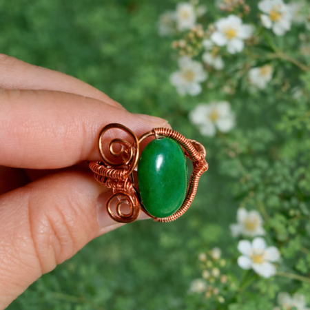Inele - Inel reglabil din sarma de cupru emailat cu piatra verde