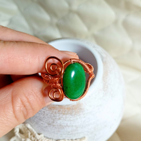 Inel reglabil din sarma de cupru emailat cu piatra verde [7]