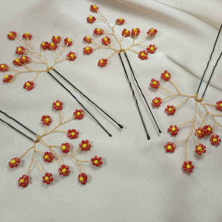 Accesorii par - Set 4 ace de par cu floricele rosii