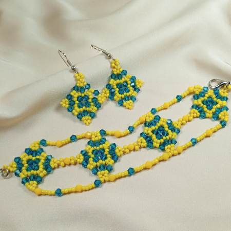Seturi - Set bijuterii handmade bratara si cercei din margele galbene si turcoaz