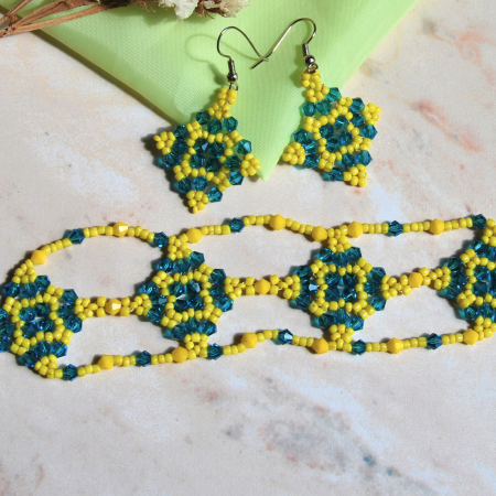 Set bijuterii handmade bratara si cercei din margele galbene si turcoaz [3]