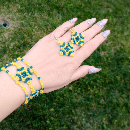 Set bijuterii handmade bratara si cercei din margele galbene si turcoaz [1]