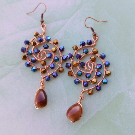 Set bijuterii statement cu cristale și piatră soarelui – cercei spirală cupru și inel reglabil handmade [4]