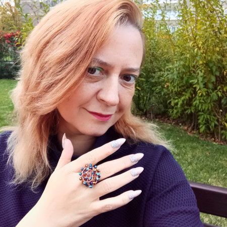 Set bijuterii statement cu cristale și piatră soarelui – cercei spirală cupru și inel reglabil handmade [8]