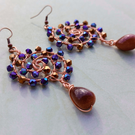 Set bijuterii statement cu cristale și piatră soarelui – cercei spirală cupru și inel reglabil handmade [1]