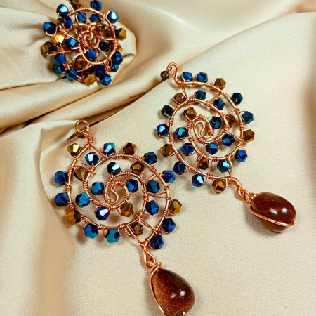 Seturi - Set bijuterii statement cu cristale și piatră soarelui – cercei spirală cupru și inel reglabil handmade