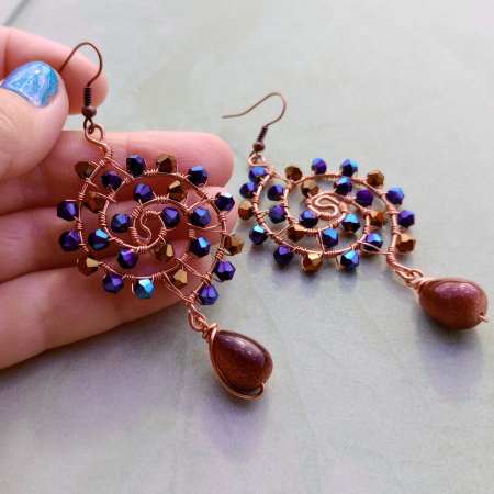 Set bijuterii statement cu cristale și piatră soarelui – cercei spirală cupru și inel reglabil handmade [9]