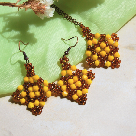 Set cercei și pandantiv Golden Amber Star din mărgele și cristale biconice [4]