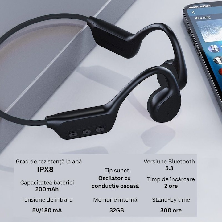 Casti Premium VeReTech, prin Conductie Osoasa, Wireless, Bluetooth 5.4, 200 Mah, High Definition Sound, Incarcare Magnetica, Capacitate de Stocare 32 GB, Negru [5]