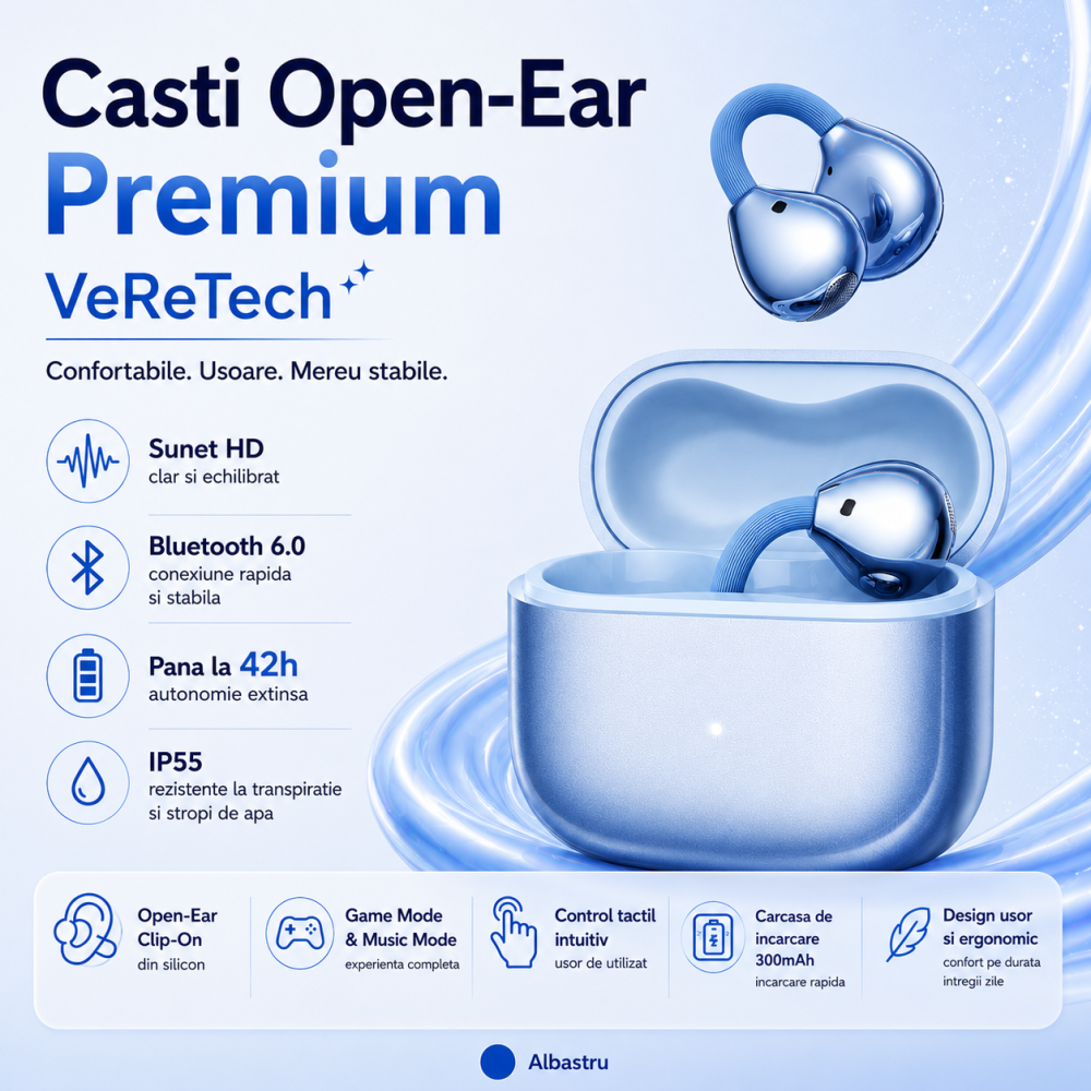 Casti Open-Ear Premium VeReTech Albastru cu Cercei Cristal Bluetooth 6.0 [7]