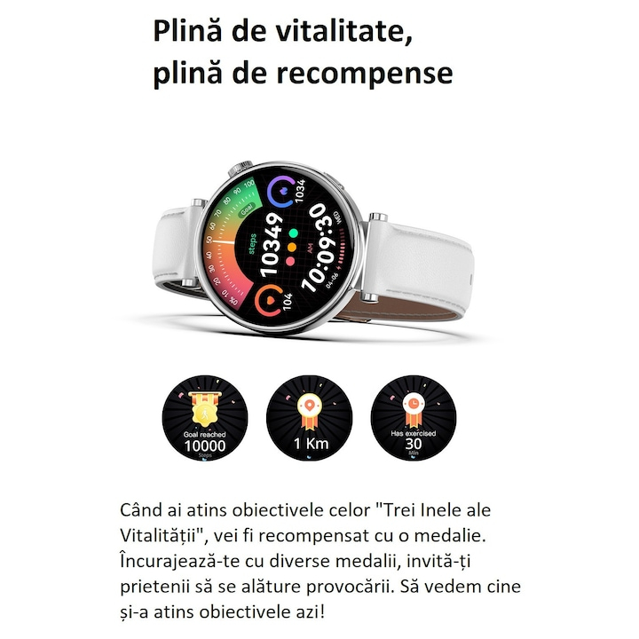 Ceas SmartWatch Premium de Dama, VeReTech, Argintiu, Ecran Super Amoled de 1.32 inch, cu 2 Bratari, 466*466 Pixeli, IP68, Bluetooth 5.3, NFC, cu 37 Aplicatii, Spo2, Ritm Cardiac, Tensiune, Somn, Multi [4]