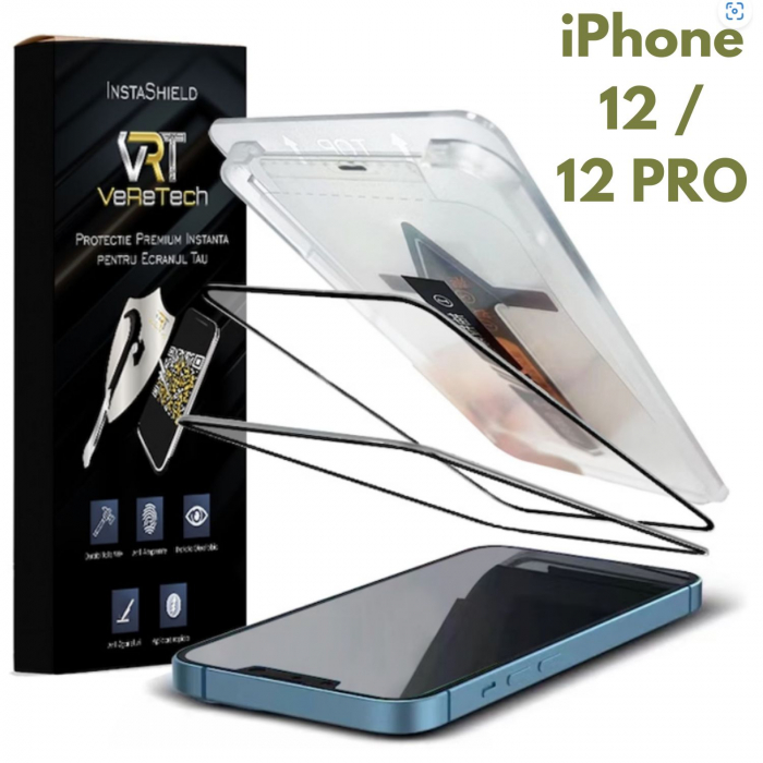 Folie de Protecție Clear, InstaShield by VeReTech pentru iPhone 12/12 Pro, cu Kit de Aplicare Instantă și Funcție Automată de Îndepărtare a Prafului, din Sticlă Securizată 9H+, Ultra Claritate Super H [1]