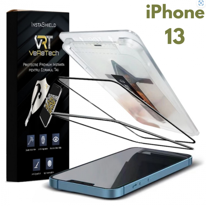 Folie de Protectie Clear, InstaShield by VeReTech pentru iPhone 13, cu Kit de Aplicare Instanta si Functie Automata de Indepartare a Prafului, din Sticla Securizata 9H+, Ultra Claritate Super HD, Trat [1]