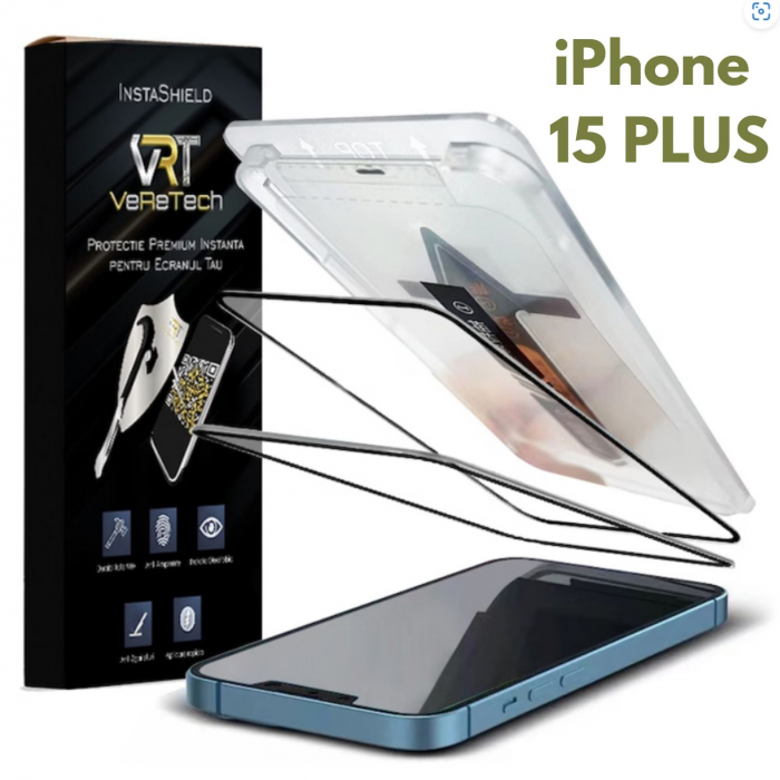 Folie de Protectie Clear, InstaShield by VeReTech pentru iPhone 15 Plus, cu Kit de Aplicare Instanta si Functie Automata de Indepartare a Prafului, din Sticla Securizata 9H+, Ultra Claritate Super HD, [1]
