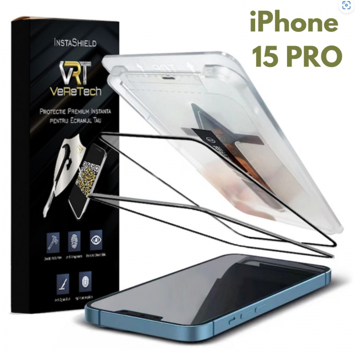 Folie de Protecție Clear, InstaShield by VeReTech pentru iPhone 15 Pro, cu Kit de Aplicare Instantă și Funcție Automată de Îndepărtare a Prafului, din Sticlă Securizată 9H+, Ultra Claritate Super HD [1]