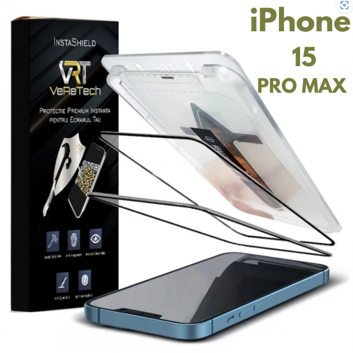 Folie de Protectie Clear, InstaShield by VeReTech pentru iPhone 15 Pro Max, cu Kit de Aplicare Instanta si Functie Automata de Indepartare a Prafului, din Sticla Securizata 9H+, Ultra Claritate Super [1]