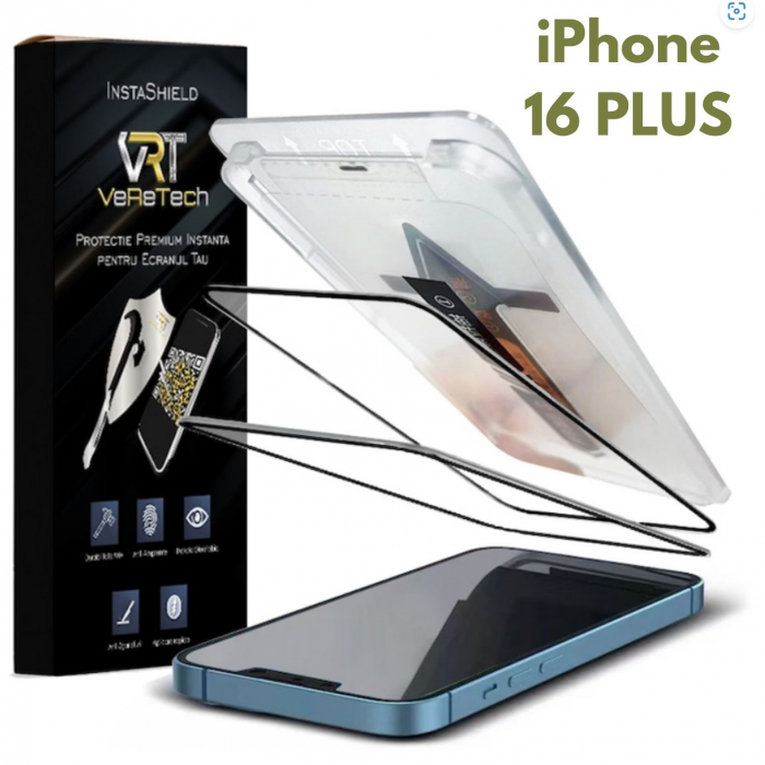 Folie de Protecție Clear, InstaShield by VeReTech pentru iPhone 16 Plus, cu Kit de Aplicare Instantă și Funcție Automată de Îndepărtare a Prafului, din Sticlă Securizată 9H+, Claritate Super HD [1]