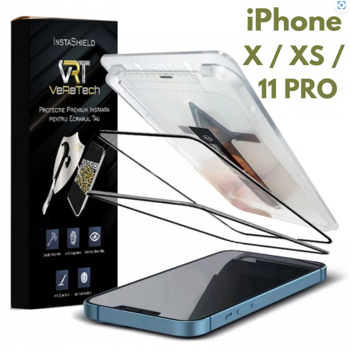 Folie de Protectie Clear, InstaShield by VeReTech pentru iPhone X/XS/11 Pro, cu Kit de Aplicare Instanta si Functie Automata de Indepartare a Prafului, din Sticla Securizata 9H+, Ultra Claritate Super [1]