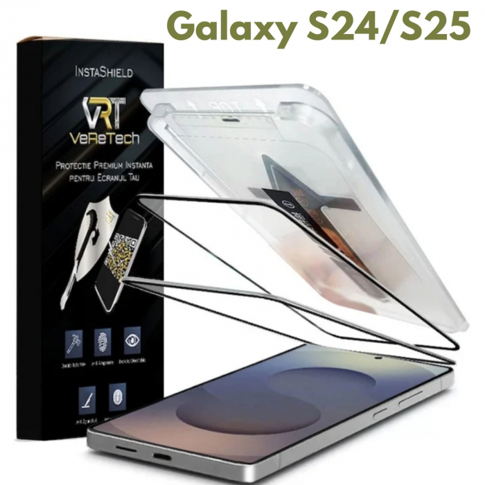 Folie de Protectie Clear, InstaShield by VeReTech pentru Samsung Galaxy S24/S25, cu Kit de Aplicare Instanta si Functie Automata de Indepartare a Prafului, din Sticla Securizata 9H+, Claritate Super H [1]