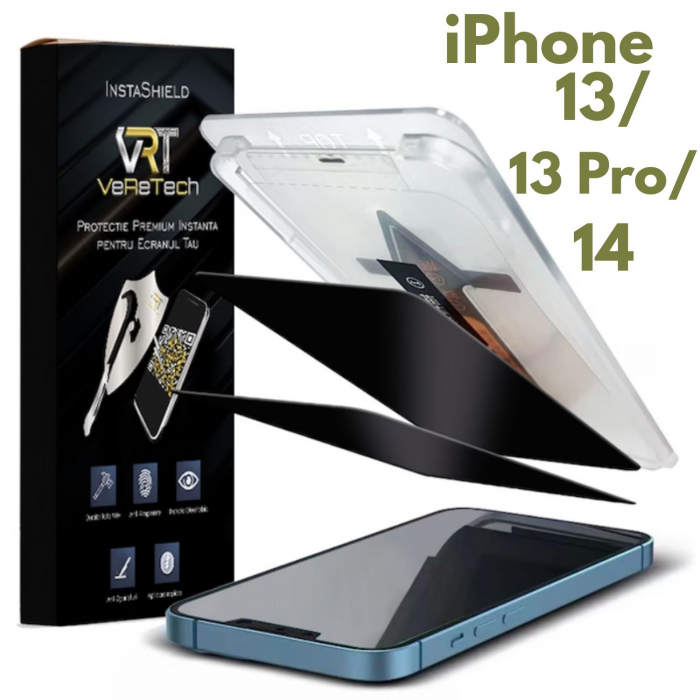 Folie de Protectie Privacy InstaShield by VeReTech pentru iPhone 13/13 Pro/14, cu Kit de Aplicare Instanta si Functie Automata de Indepartare a Prafului, din Sticla Securizata 9H+, Ultra Claritate Sup [1]
