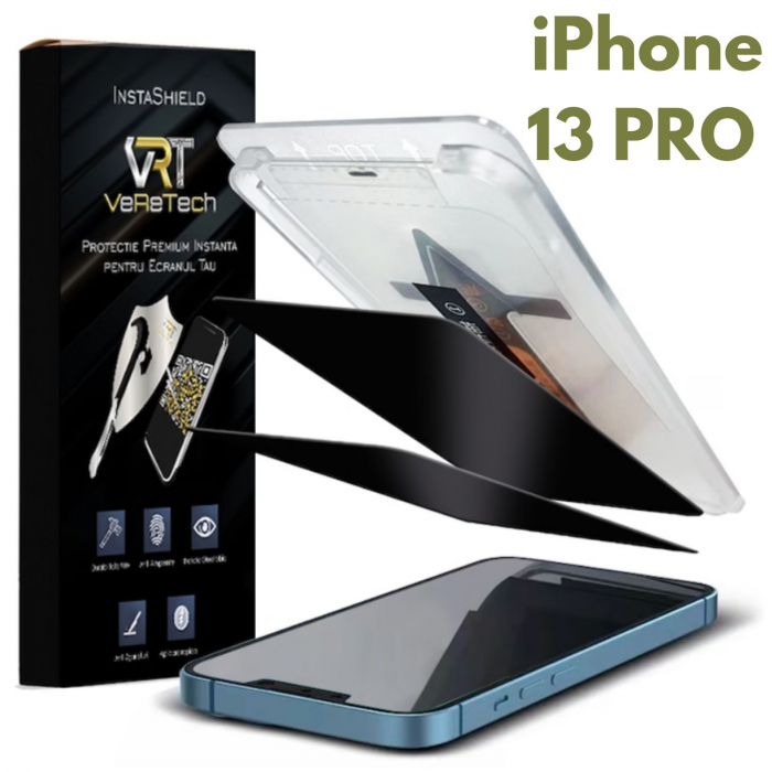 Folie de Protecție Privacy InstaShield by VeReTech pentru iPhone 13 Pro, cu Kit de Aplicare Instantă și Funcție Automată de Îndepărtare a Prafului, din Sticlă Securizată 9H+, Ultra Claritate Super HD [1]
