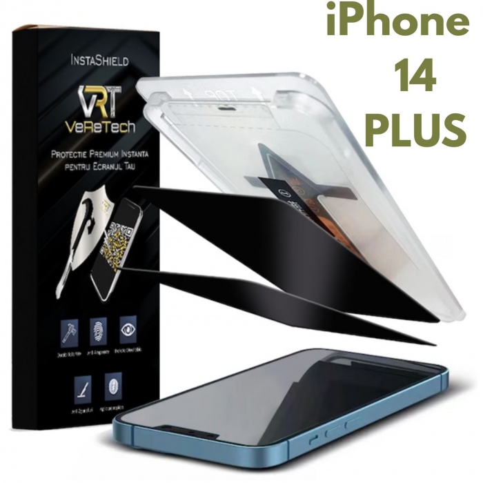 Folie de Protecție Privacy InstaShield by VeReTech pentru iPhone 14 Plus, cu Kit de Aplicare Instantă și Funcție Automată de Îndepărtare a Prafului, din Sticlă Securizată 9H+, Ultra Claritate Super HD [1]