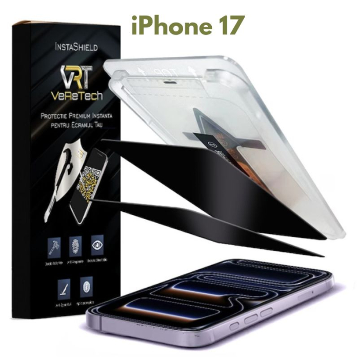 Folie de Protectie Privacy, InstaShield by VeReTech pentru iPhone 17 Pro Max, cu Kit de Aplicare Instanta si Functie Automata de Indepartare a Prafului, din Sticla Securizata 9H+, Claritate Super HD, [1]