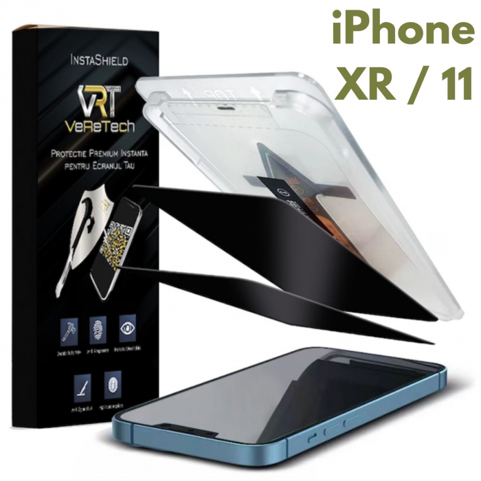 Folie de Protectie Privacy InstaShield by VeReTech pentru iPhone XR/11, cu Kit de Aplicare Instanta si Functie Automata de Indepartare a Prafului, din Sticla Securizata 9H+, Ultra Claritate Super HD, [1]