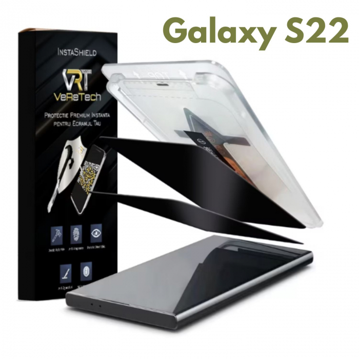 Folie de Protectie Privacy InstaShield by VeReTech pentru Samsung Galaxy S22, cu Kit de Aplicare Instanta si Functie Automata de Indepartare a Prafului, din Sticla Securizata 9H+, Claritate Super HD, [1]