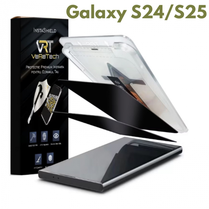 Folie de Protectie Privacy InstaShield by VeReTech pentru Samsung Galaxy S24/S25, cu Kit de Aplicare Instanta si Functie Automata de Indepartare a Prafului, din Sticla Securizata 9H+, Claritate Super [1]