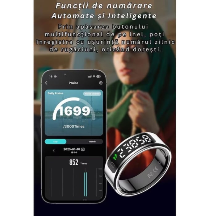 Inel Inteligent Smart Ring Marimea 13, by VeReTech, cu Monitorizare Avansata, Puls, Pasi, Somn, Calorii si Stres, Afisaj LED, Functie de Controller, Bluetooth, Rezistent la Apa 1 ATM, Compatibil Andro [12]