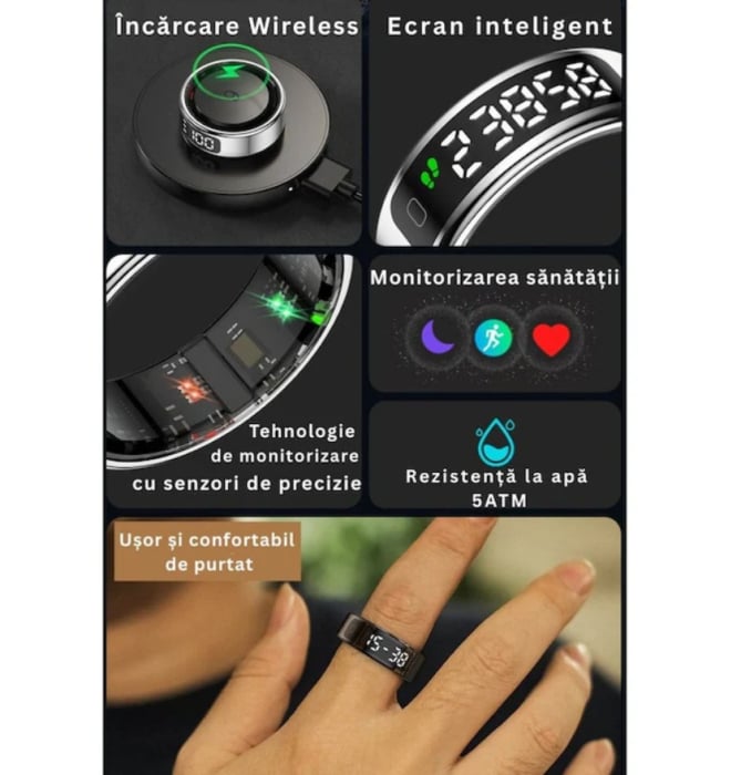 Inel Inteligent Smart Ring Marimea 13, by VeReTech, cu Monitorizare Avansata, Puls, Pasi, Somn, Calorii si Stres, Afisaj LED, Functie de Controller, Bluetooth, Rezistent la Apa 1 ATM, Compatibil Andro [13]